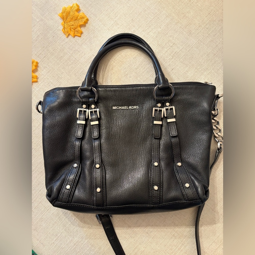 Michael Kors Black Leather Satchel silver studded hardware